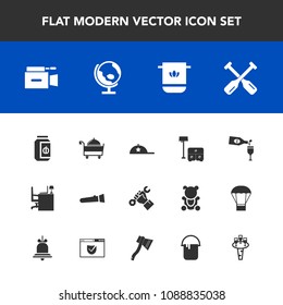Modern, simple vector icon set with helmet, jar, film, water, cap, paddle, fashion, furniture, restaurant, red, sofa, light, video, construction, builder, bathroom, oar, jam, lamp, canoe, glass icons