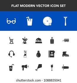 Modern, simple vector icon set with power, hippie, airport, microphone, transport, razor, flash, bag, spray, idea, bulb, baggage, housework, glass, office, transportation, card, road, style, red icons
