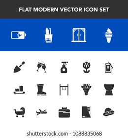 Modern, simple vector icon set with athlete, bag, floral, cream, pesticide, red, travel, tool, suzuri, nature, sport, spray, sprayer, shovel, window, luggage, energy, wine, footwear, dessert icons