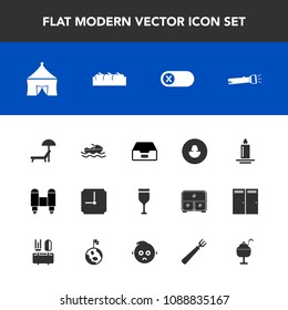 Modern, simple vector icon set with drink, flame, food, candle, technology, red, flashlight, hour, glass, file, fire, human, summer, ship, lamp, turn, umbrella, spaceship, decoration, light, box icons