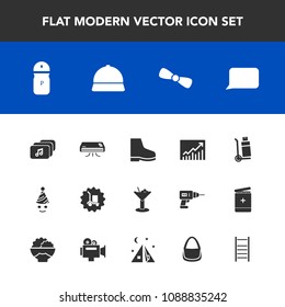 Modern, simple vector icon set with glass, conditioner, bag, concept, drink, bow, birthday, air, cargo, talk, fun, conditioning, spice, hat, celebration, camp, salt, package, ladder, party, gift icons