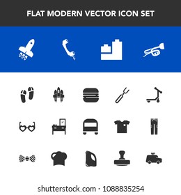 Modern, simple vector icon set with furniture, slipper, child, launch, footwear, spoon, space, sound, spaceship, transport, ball, sandwich, technology, home, glasses, restaurant, sunglasses, bus icons