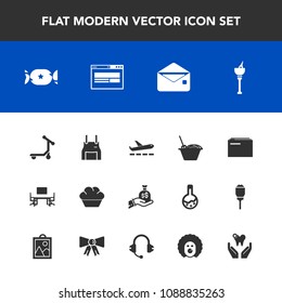 Modern, simple vector icon set with web, file, chef, table, lollipop, uniform, healthy, sack, noodle, information, wine, work, transport, drink, food, pinafore, dental, message, paper, bag, mail icons