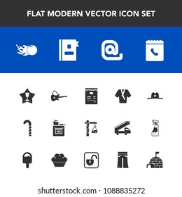 Modern, simple vector icon set with hat, comet, astronomy, first, saw, phone, message, musical, sign, kitchen, candy, cowboy, white, igloo, music, winner, fashion, snow, internet, sheriff, west icons