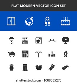Modern, simple vector icon set with japan, airplane, bar, extreme, up, jump, pull, home, flight, world, elevator, sign, media, person, unlock, parachuting, plane, parachute, presentation, cake icons
