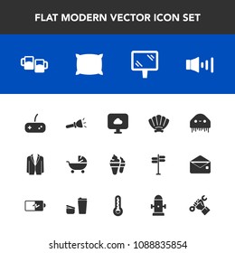 Modern, simple vector icon set with fiction, baby, sound, stroller, monster, sea, alien, lamp, bar, play, cloud, dessert, kid, shell, shine, beer, electric, road, nature, flashlight, pillow, ice icons