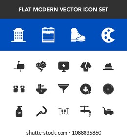 Modern, simple vector icon set with sign, mailbox, clothing, mower, flip, beach, food, architecture, kitchen, palette, art, box, floral, lawn, star, garden, service, hat, style, house, footwear icons