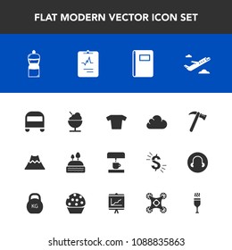 Modern, simple vector icon set with clothes, landscape, drink, volcano, flight, transportation, mountain, red, equipment, tool, cake, departure, bus, clothing, cleaner, lava, fashion, heart icons