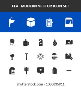 Modern, simple vector icon set with hotel, fruit, drink, fresh, cube, water, play, exotic, computer, faucet, grill, suzuri, barbecue, pineapple, game, cocktail, glass, alcohol, chat, tropical icons