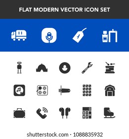 Modern, simple vector icon set with note, delivery, human, kitchen, oven, instrument, memory, flight, musical, technology, profile, card, xray, tool, business, music, futuristic, stove, robot icons