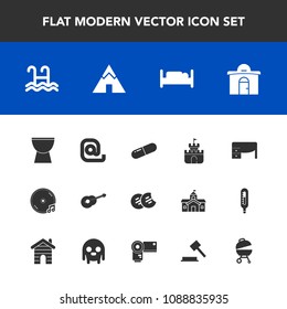 Modern, simple vector icon set with album, barbecue, pool, furniture, white, building, music, estate, dessert, double, grill, meat, mail, work, sweet, pill, medical, camp, outdoor, toy, plastic icons