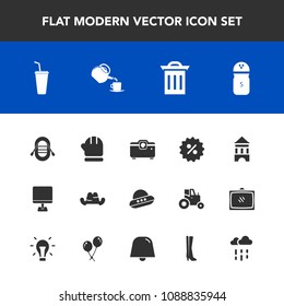 Modern, simple vector icon set with rainy, tea, season, technology, projector, clothing, cold, ufo, recycle, trash, waste, space, food, pepper, juice, weather, spacecraft, computer, headwear, pc icons