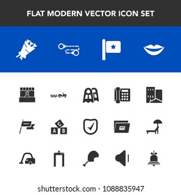 Modern, simple vector icon set with shipping, beauty, lips, estate, real, teeth, national, notification, alarm, house, building, volume, female, girl, alert, bell, nation, communication, sport icons