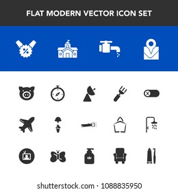 Modern, simple vector icon set with pig, faucet, percent, ice, sign, antenna, city, tap, spoon, flight, lamp, deactivate, architecture, plane, flashlight, switch, sale, north, restaurant, off icons