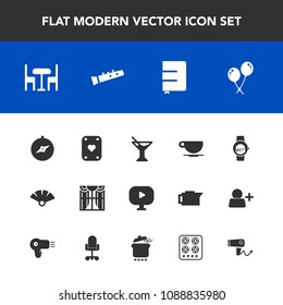 Modern, simple vector icon set with japanese, sign, curtain, time, traditional, gadget, celebration, watch, notebook, light, glass, map, game, chair, musical, smart, video, cocktail, sound, play icons