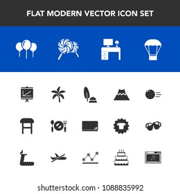 Modern, simple vector icon set with education, blackboard, fork, pin, interior, ink, plate, spoon, palm, chair, annual, armchair, decoration, celebration, pen, birthday, fun, tropical, report icons
