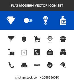 Modern, simple vector icon set with furniture, carriage, bed, chair, call, eye, location, sport, ball, carousel, food, mouth, gem, web, alarm, bowling, london, sign, book, park, phone, hygiene icons