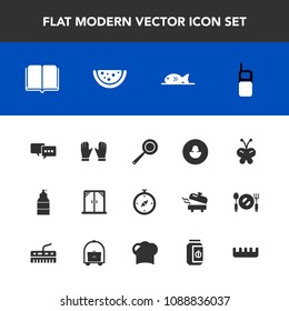 Modern, simple vector icon set with utensil, white, avatar, insect, mobile, talk, communication, hair, jam, home, fish, beauty, house, window, map, meat, watermelon, literature, cooking, compass icons