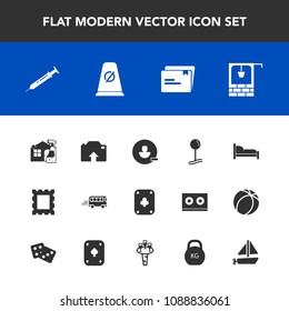 Modern, simple vector icon set with upload, water, furniture, boat, document, frame, poker, transport, border, cleaner, road, map, sign, bedroom, remove, equipment, bus, account, housework, toy icons