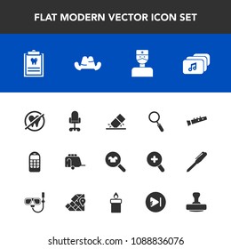 Modern, simple vector icon set with clothing, mark, hat, hospital, file, sound, fashion, zoom, female, woman, old, video, media, eraser, cap, business, dental, musical, erase, vehicle, phone icons