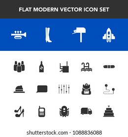 Modern, simple vector icon set with speech, post, work, mailbox, liquid, sport, hat, cake, health, mail, beverage, space, office, bowling, bubble, headwear, spaceship, fashion, dessert, white icons