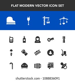 Modern, simple vector icon set with telephone, girl, ice, saw, bottle, piano, stroke, finger, lady, face, dress, phone, collection, young, baby, communication, construction, woman, toy, newborn icons