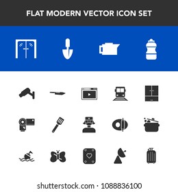 Modern, simple vector icon set with work, safety, entrance, caffeine, pan, bottle, surveillance, signal, espresso, medical, camera, security, internet, media, architecture, coffee, photographer icons