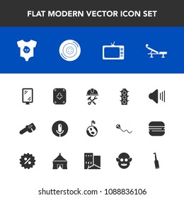 Modern, simple vector icon set with planet, fitness, globe, car, tv, volume, lamp, wheel, clothing, foreman, earth, builder, microphone, music, road, screen, technology, green, baby, up, nature icons