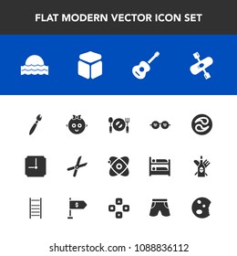 Modern, simple vector icon set with fork, mon, paint, child, kayaking, music, sunrise, cosmos, sunglasses, garden, cut, baby, pruning, fashion, sunset, style, cute, plate, activity, river, sun icons