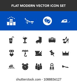 Modern, simple vector icon set with electricity, hotel, plug, bar, girl, watch, bowling, work, iron, roller, fashion, skating, alarm, high, coffee, fitness, person, healthy, alcohol, caffeine icons