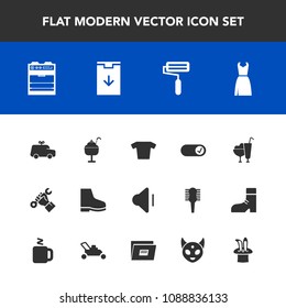 Modern, simple vector icon set with fashion, space, roller, car, builder, volume, clothes, female, play, child, helmet, paint, fiction, childhood, paper, monster, music, kitchen, , dessert, up icons
