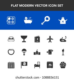 Modern, simple vector icon set with kid, smart, doughnut, travel, chief, fitness, furniture, dessert, airplane, watch, extreme, sign, favour, sky, toy, food, plane, gas, oven, search, tower, bed icons