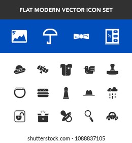 Modern, simple vector icon set with mark, orbit, frame, bird, new, rain, photo, shirt, technology, furniture, hamburger, chess, animal, king, white, gadget, tie, wildlife, home, car, strategy icons