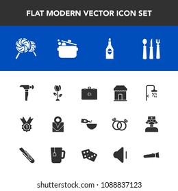 Modern, simple vector icon set with travel, location, kitchen, emergency, alcohol, hammer, flashlight, shower, red, award, gambling, volume, fork, nature, music, spring, sound, spoon, blossom icons