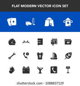 Modern, simple vector icon set with spanner, sign, outdoor, hammer, tool, call, wrench, sport, biker, camp, headset, rider, housework, bottle, center, paper, nutrition, support, journey, trailer icons