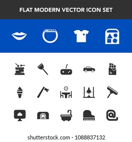Modern, simple vector icon set with home, family, fashion, lips, sweet, construction, bar, musical, clothing, music, axe, cream, drum, shirt, watch, white, ball, table, dinner, tool, direction icons