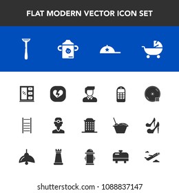 Modern, simple vector icon set with disc, food, dental, mobile, telephone, home, house, boy, razor, city, cd, disk, broken, phone, pram, baby, medicine, stroller, man, fashion, milk, old, heart icons