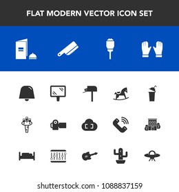 Modern, simple vector icon set with horse, glove, notification, lamp, cactus, cloud, road, mailbox, ufo, kitchen, camera, light, lantern, drink, table, toy, box, knife, alien, baby, post, book icons