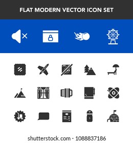 Modern, simple vector icon set with comet, landscape, technology, interior, volume, internet, craft, tree, sound, summer, spaceship, beach, carousel, website, chair, window, lock, postage, mail icons