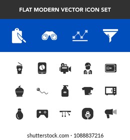 Modern, simple vector icon set with bank, cake, boy, joy, camera, finance, conditioner, business, liquid, video, clean, cup, graph, drink, film, male, equipment, sweet, restaurant, sky, bottle icons