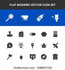Modern, simple vector icon set with spring, food, switch, coffee, off, mark, cafe, bar, communication, chocolate, telephone, ringing, energy, bathroom, wc, nest, toilet, favorite, brush, cooking icons