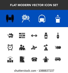 Modern, simple vector icon set with newspaper, makeup, man, craft, hour, room, wax, rocket, travel, clock, black, person, fashion, watch, internet, candle, planet, heater, fire, orbit, lollipop icons