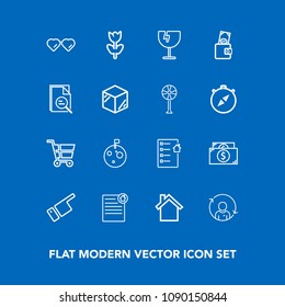 Modern, simple vector icon set on blue background with shattered, cell, mobile, person, contract, currency, fashion, finance, flower, technology, document, blossom, crash, sun, direction, spring icons