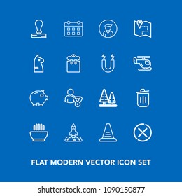 Modern, simple vector icon set on blue background with bin, timetable, nature, day, time, dinner, tree, step, stationery, ladder, garbage, calendar, money, boy, sign, no, shuttle, cash, up, food icons