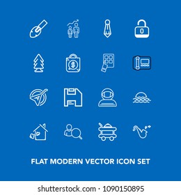 Modern, simple vector icon set on blue background with jazz, spacesuit, internet, bugle, computer, astronaut, landscape, hotel, musical, bed, sun, house, cosmonaut, morning, shovel, nature, male icons