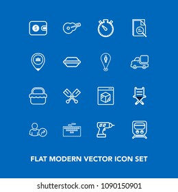 Modern, simple vector icon set on blue background with keyboard, furniture, musical, equipment, technology, computer, watch, summer, transportation, railway, chair, business, finance, transport icons