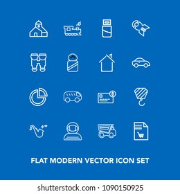 Modern, simple vector icon set on blue background with cosmonaut, astronaut, nuclear, balance, spacesuit, tipper, graph, travel, truck, market, presentation, science, trumpet, railway, credit icons