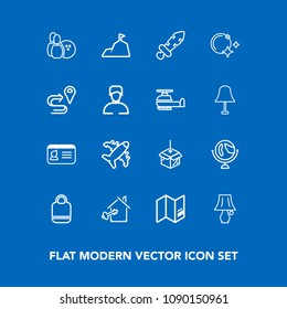 Modern, simple vector icon set on blue background with sport, bulb, blade, globe, key, flight, world, estate, web, weapon, identification, home, planet, name, nature, pin, table, bag, upload, id icons