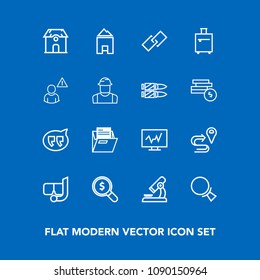 Modern, simple vector icon set on blue background with mask, summer, concept, house, road, biology, building, message, luggage, architecture, navigation, snorkel, blank, magnifying, folder, home icons