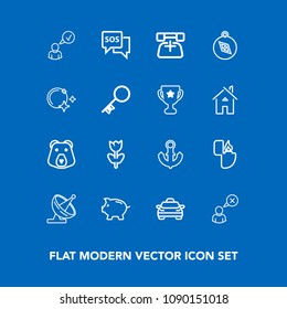 Modern, simple vector icon set on blue background with sos, phone, car, antenna, online, transportation, help, safety, internet, taxi, wild, profile, complete, telephone, money, technology, coin icons